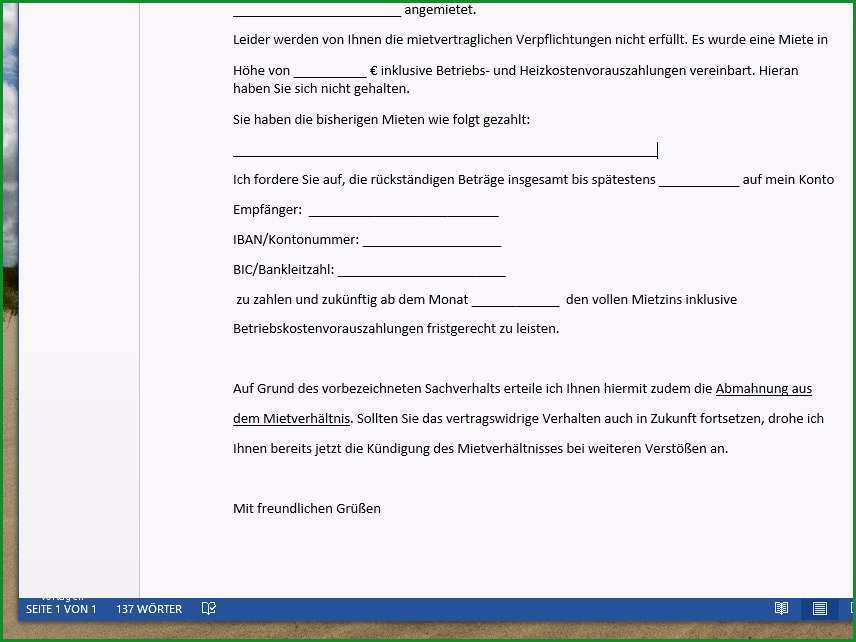 Mieter Abmahnung bei Zahlungsverzug Vorlage fuer Word