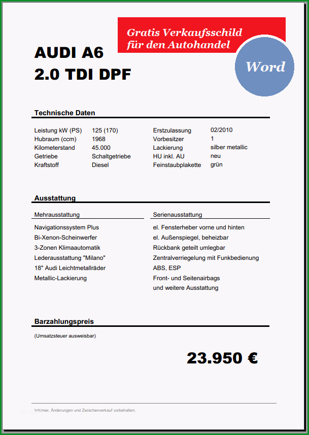 verkaufsschild fur das auto modena word datei