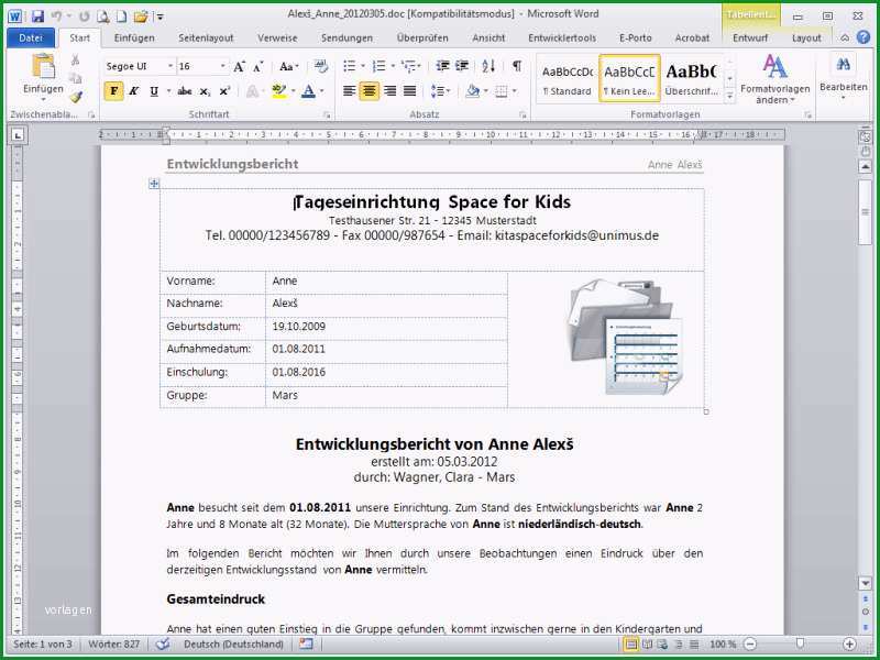 entwicklungsbericht kita muster