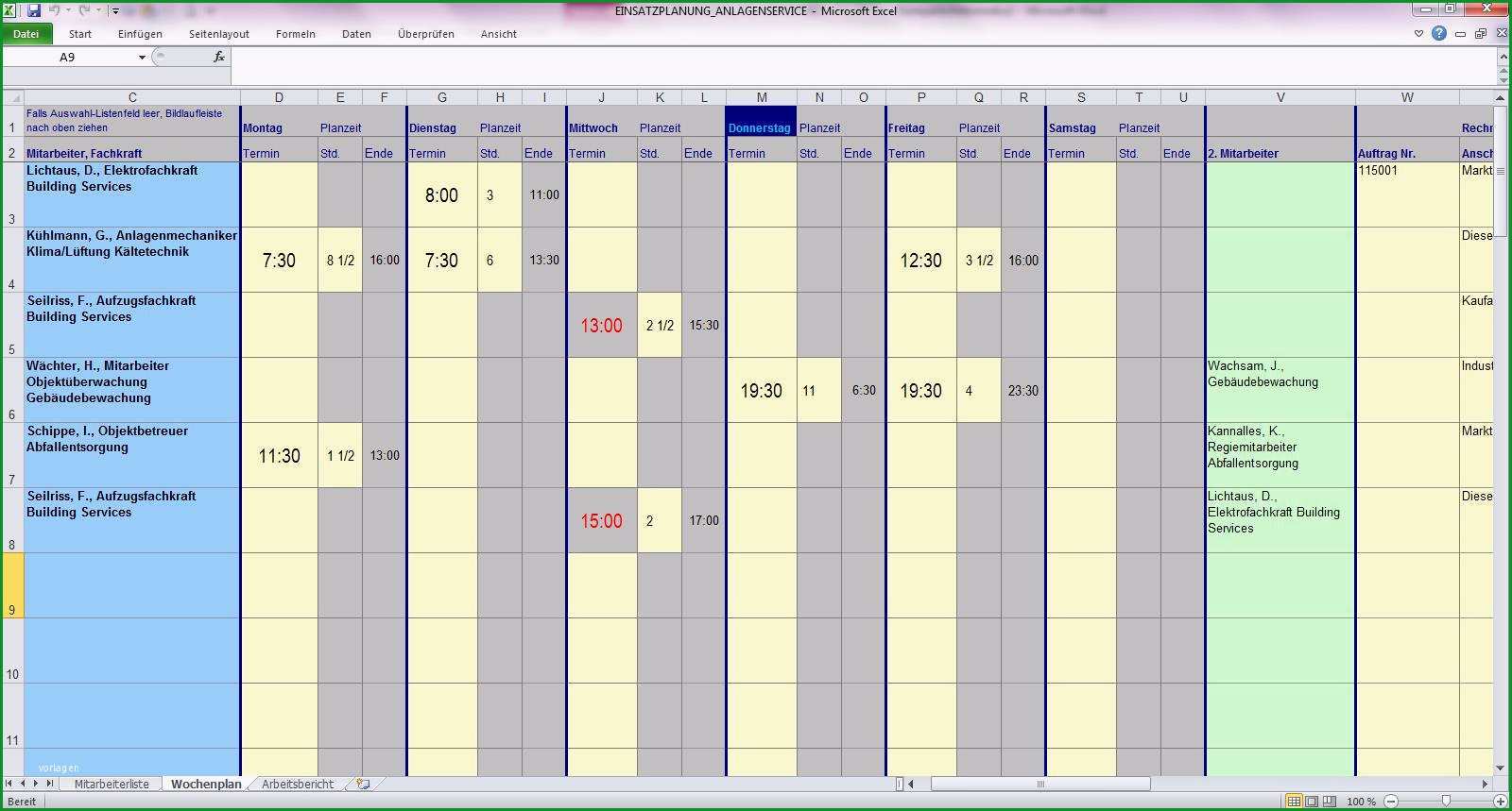 Excel Tool Mitarbeiter Einsatzplanung Gebaeude Anlagenservice