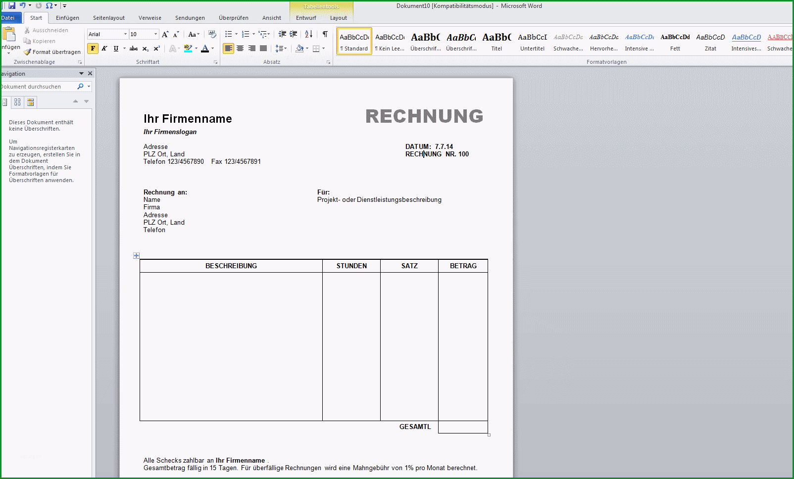 rechnungsvorlage word