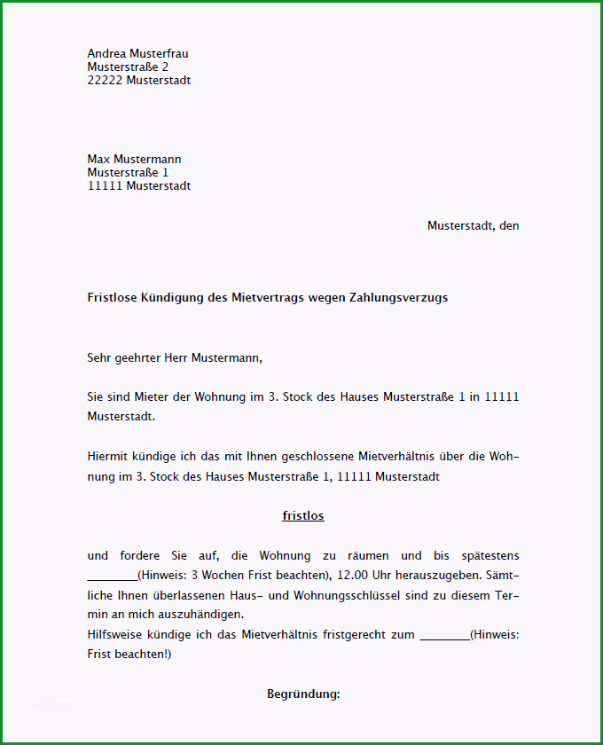 mietvertrag fristlos kundigen vorlage