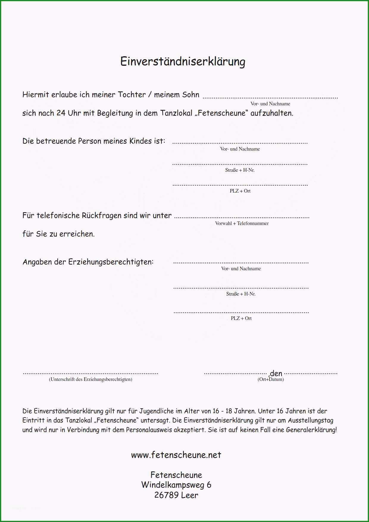 Fantastisch Vorlage Einverständniserklärung Eltern Ausbildung