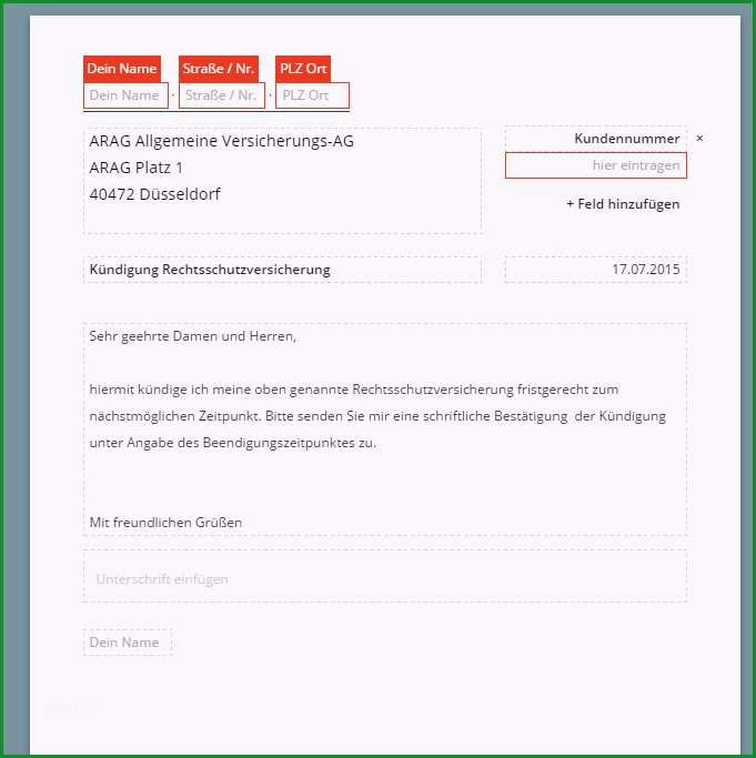 ARAG kuendigen Vorlage
