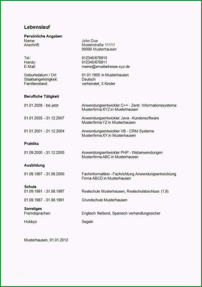 20 tabellarischer lebenslauf englisch muster
