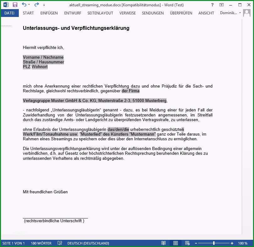 Modifizierte Unterlassungserklaerung fuer Streaming Abmahnungen Muster