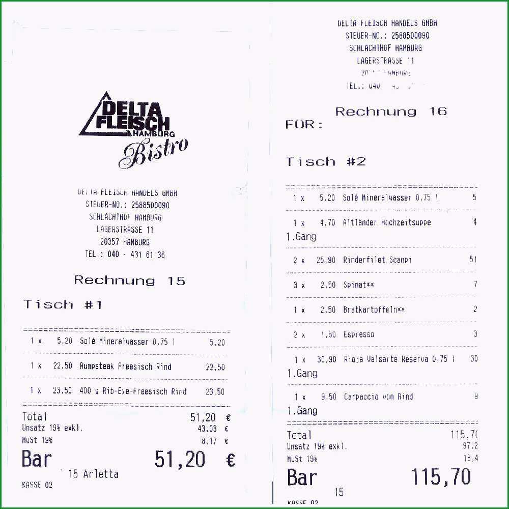 Selten 19 Rechnungsvorlage Restaurant