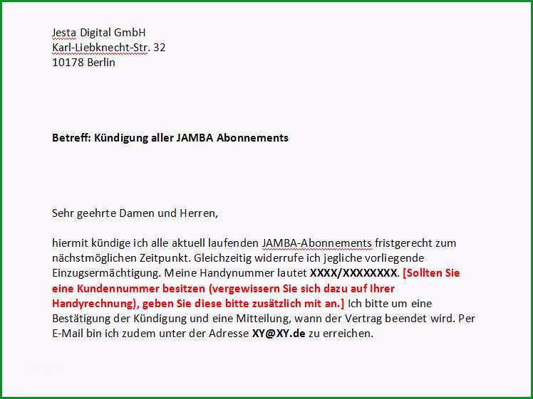 Jamba kuendigen Vorlage