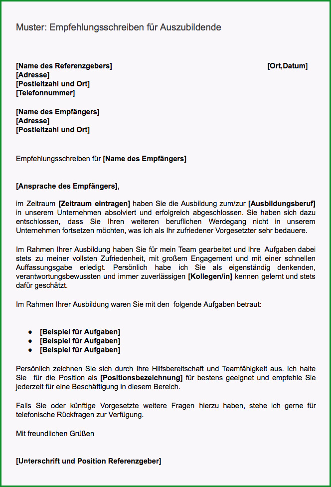 muster empfehlungsschreiben auszubildende