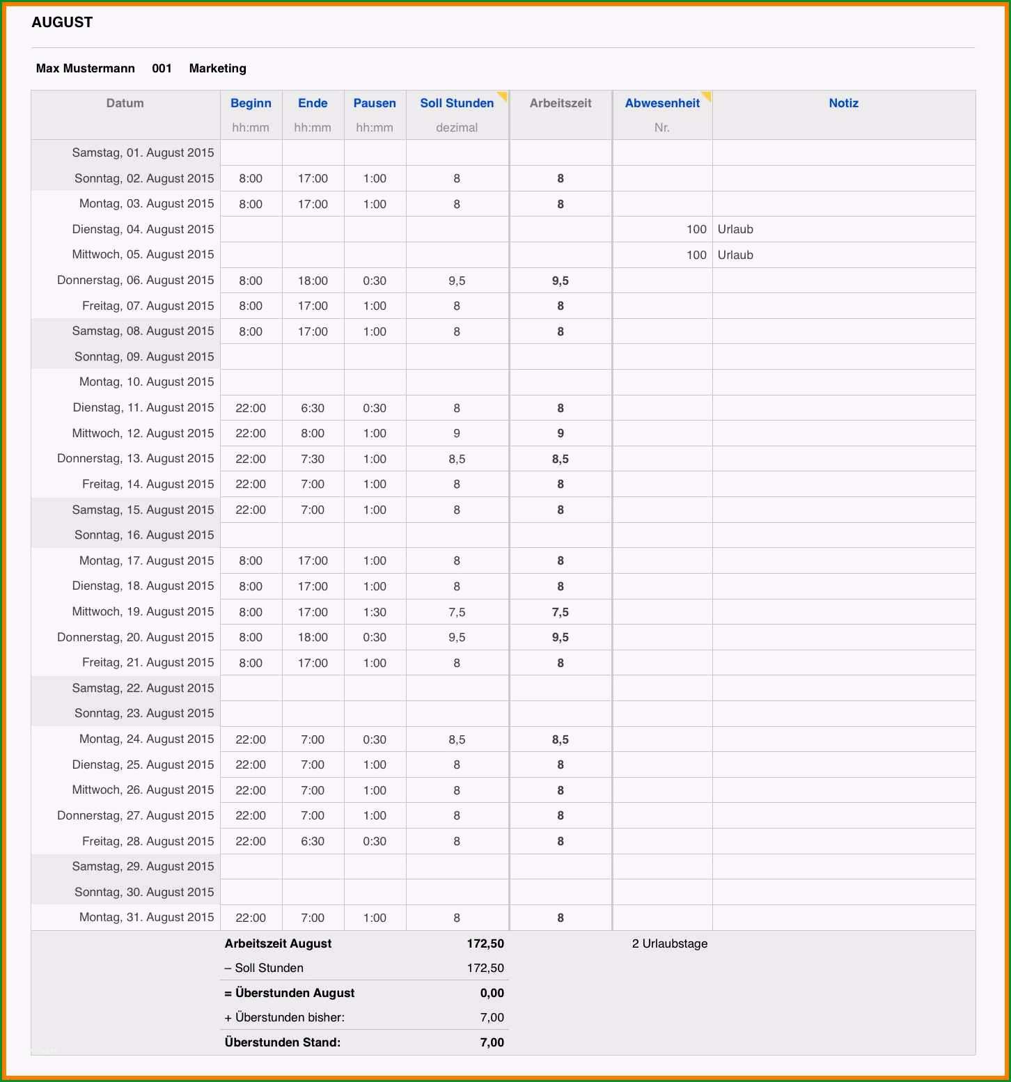 excel arbeitszeit berechnen mit pause vorlage