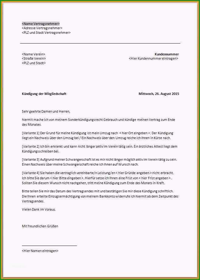 kundigung bausparvertrag vorlage niedliche 8 undigung verein
