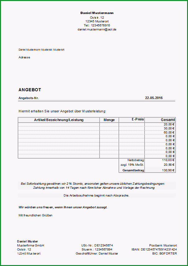 excel kostenlose angebotsvorlagen