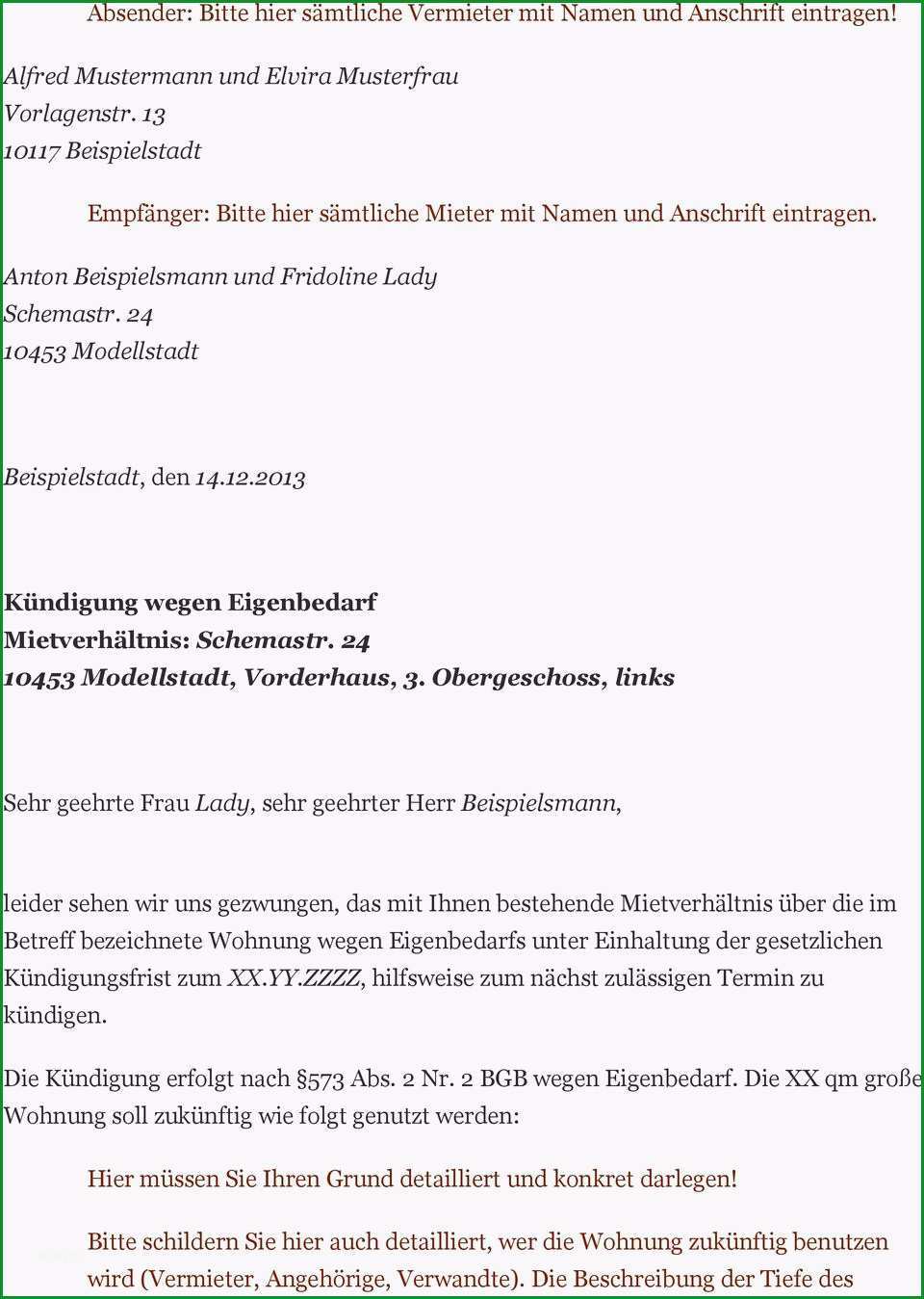 Muster zum anfertigen einer eigenbedarfskuendigung