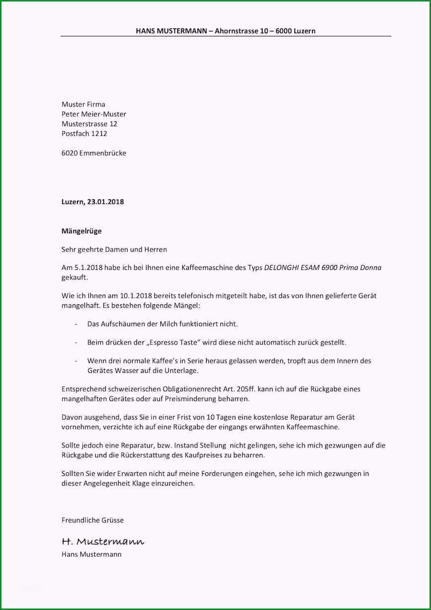 Unvergesslich Mängelrüge Vorlage Musterbrief Schweiz